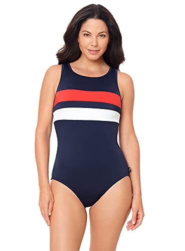 Reebok Women's Swimwear Classic Colorblock High Neck Soft Cup One Piece Swimsuit, Navy, 12 #TOP7