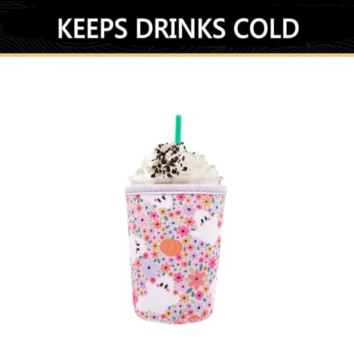 Image of YR Reusable Neoprene Insulator Sleeve for Iced Coffee Cups, 3 Pack Coffee Coolies sleeves for Iced & Hot Drinks, Cold Beverage Cooler Compatible with Cold Soda and More (Halloween Ghost & Flower)