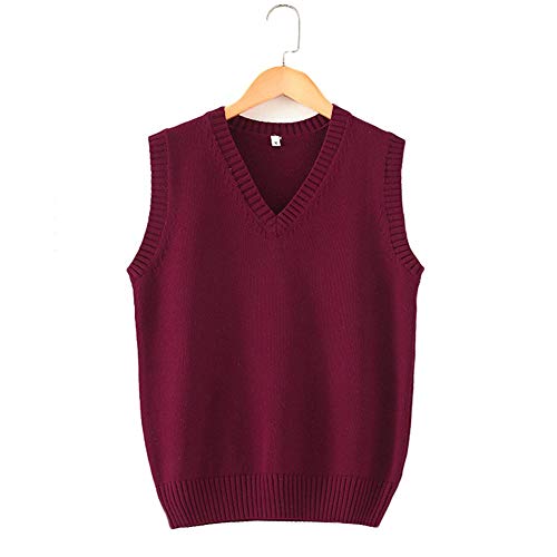 Men Women Knitted Cotton V-Neck Vest JK Uniform Pullover Sleeveless Sweater School Cosplay Cardigan Solid Wine Red XL