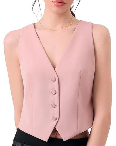Pink sleeveless V-neck button-front tailored vest