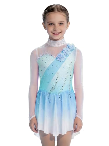 Oyolan Robe Patinage Artistique Fille Tenue Patinage sur Glace Justaucorps Manches Longues Strass Costume Bleu Clair 5-6 Ans