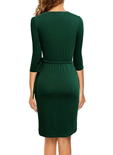 Berydress Women's Classic 3/4 Sleeve V Neck Sheath Casual Party Work Faux Black Wrap Dress (L, 6083-Dark Green) #TOP1