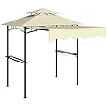 Outsunny 8' x 5' Grill Gazebo, Double Tiered Outdoor BBQ Gazebo with Side Awning, 2 Side Shelves and 6 Hooks for Patio, Deck, Yard, Beige