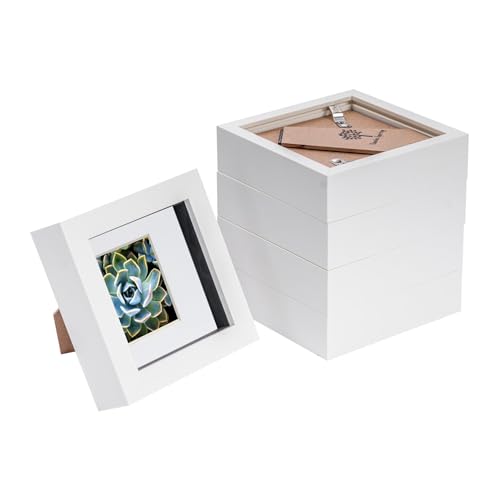 Nicola Spring 5 Piece 4 x 4 3D Shadow Box Photo Frame Set - Craft Display Picture Frame with 2 x 2 Mount - Glass Aperture - White/White