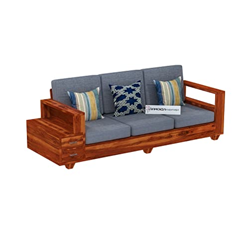 Image of Sheesham Wood 5 Seater Sofa Set with 2 Drawer Storage | 3+1+1 Wooden Sofa Set Furniture for Living Room Home Office (Honey Finish)