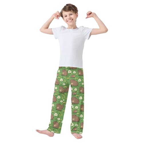 Boys' Pants Brown Capybaras Grassy Flowers Long Bottoms Jogger Pants Elastic Waist Trousers with Pockets S-XL2