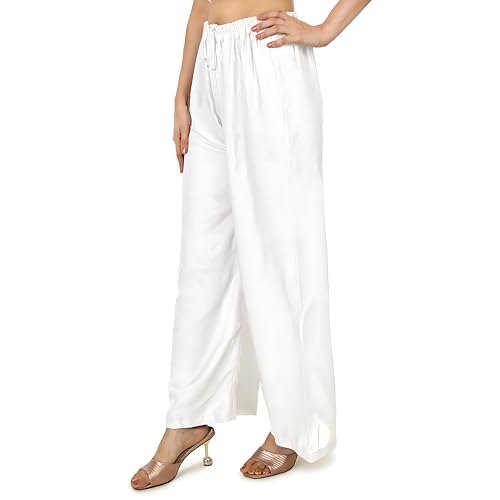 Image of Women's Rayon Palazzo Pants | Solid Color Wide Leg Trousers in 18 Shades | Elastic Waist Casual Bottoms XS-7XL | Comfortable