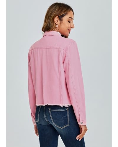 Image of luvamia Denim Jacket for Women Distressed Jean Jackets Button Up Vintage Western Trucker Jacket Frayed Hem Pockets