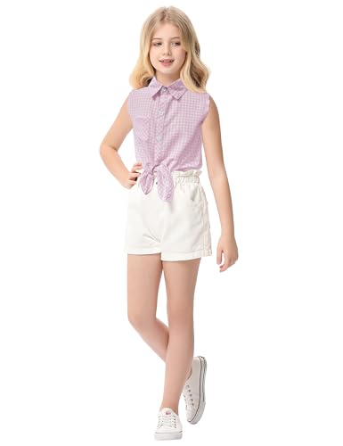 Image of Girls Plaid Sleeveless Button Down Shirt Summer Crop Tops Tie Knot Blouse Tank Tops 4-13Y