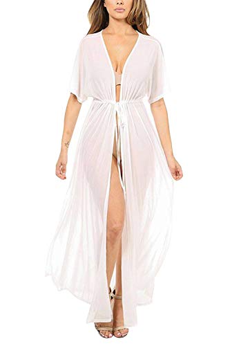 COCOLEGGINGS Women's Tie Front Sheer Mesh Swimsuit Beach Maxi Cover Up Dress White M