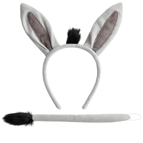 DvBCNMe 2 Stück Esel Kostüm Eselsohren Haarreif und Esel Schwanz Perfekte Verkleidung für Karneval Feste Halloween Kostümpartys Cosplay Events und Tier Mottopartys
