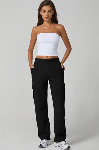 Image of QINSEN Baggy Medium Waist Elastic Sweatpants for Womens Casual Long Fleece Cargo Pants with Pockets