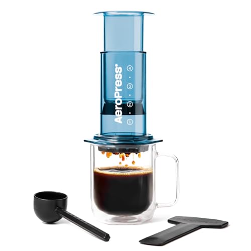 AeroPress Clear Blue Coffee Press – método 3 en 1 que combina prensa francesa, pour‑over y espresso. Café con cuerpo, sin posos ni amargor. Cafetera portátil para camping y viajes – azul
