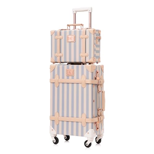 Image of UNIWALKER Vintage Carry on Luggage Set, 2 Piece Retro Spinner Trunk Suitcase with Cosmetic Train Case for Women, 20 inch+12 inch, Blue Strip