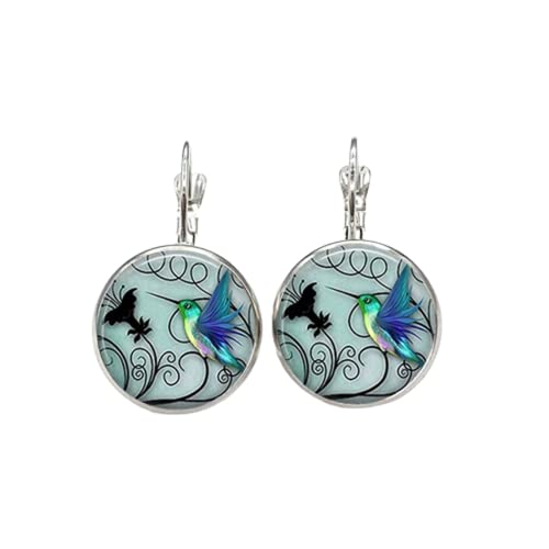 Glamour creativo azul colibrí patrón de foto, pendientes de incrustaciones de vidrio convexos, decoración femenina., Vidrio