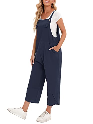 Versear Peto Suelto con Bolsillos y Botones de Color Liso para Mujer Mono Holgado de Lino Mono Holgado Retro Oversize Pantalones de Pierna Ancha de algodón Informal Mameluco de Gran tamaño