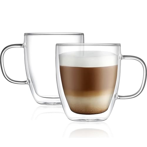 Modvera Double Walled Glass Coffee Mugs with Handle (Set of 2) - 19oz Clear Espresso Cup, Transparent Coffee Mug for Daily Use & Gift, Transparent Mug for Hot Coffee, Iced Tea & Cappuccino (560 ml)