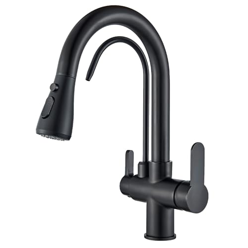 Saeuwtowy Grifo de Cocina 3 Vías Ósmosis, Grifo de Cocina para Osmosis con 2 Palancas, Grifo Osmosis Fregadero Giratorio a 360°, Ducha Extraíble, Acero Inoxidable Negro