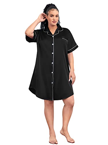 WDIRARA Women's Plus Size Sleepwear Button Front Contrast Binding Pocket Satin Nightdress