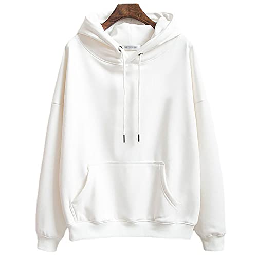 JIAYU Ladies Pullover Hoodie, Casual Thin Hooded Sweater with Pockets, Fashionable Sweatshirt Top with Hood, Loose White Pullover (S-3XL Size) (Color : White, Size : Medium)