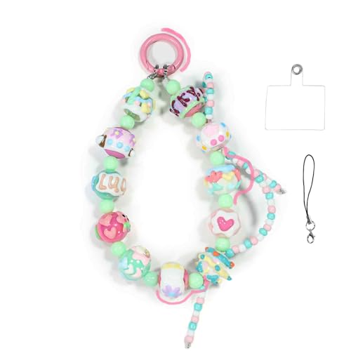 Phone Charm with 3D Handpainted Bead, Kawaii Hands-free Wrist Strap for Women Girl, Anti-lost Keychain, Cute Bag Charms Joyful Series- Green Fresh Spring
