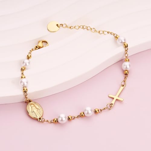 Image of Catholic Cross Bracelet for Girls Charm Bracelet Jewelry Gift for Women First Communion Baptism Confirmation Gifts for Girls Stainless Steel Imitation Pearl Rosary Bracelet (Gold)