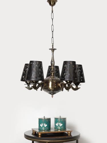 Image of Devansh 05 Lights Metal Etched Shade with Antique Golden Chandelier -Z