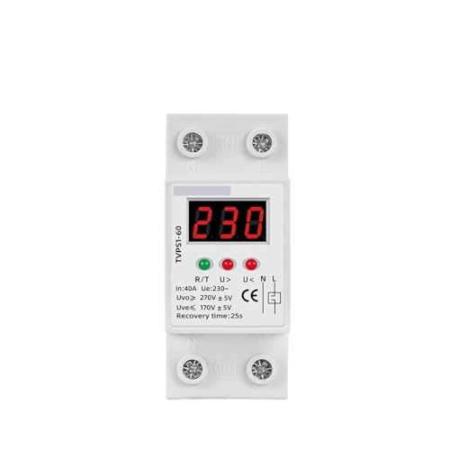 POWTAXBJGD 230V AC 40A 63A Din Rail Automatic Recovery Reconnect Over Under Voltage Protective Device Overvoltage Protector LED Display(63A)