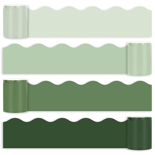 Image of Whaline 65.6 Ft Sage Green Scalloped Bulletin Board Borders 4 Rolls Gradient Green Die-Cut Board Trim for Back to School Classroom Office Chalkboard Wall