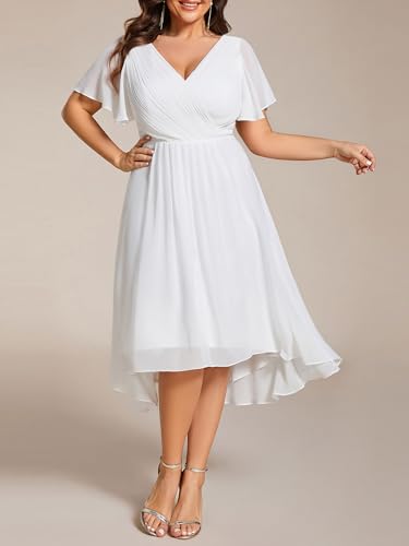 Image of Ever-Pretty Plus Summer Short Sleeves V-Neck Formal Wedding Guest Dresses for Curvy Women Chiffon Midi Cocktail Party Dress
