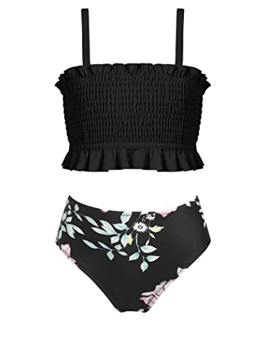 Arshiner Flicka bikiniset sommar baddräkter barn justerbara remmar tankini med eleganta veck badmode bikinis för flickor 5–13 år, B-svart, 130