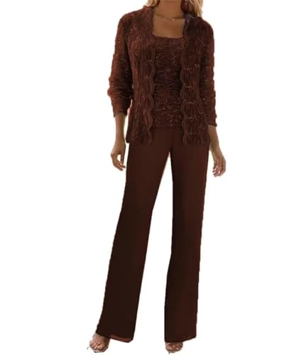 Image of 3 Pieces Chiffon Lace Mother of The Bride Pant Suits with Jackets Sequins Wedding Guest Dresses for Women