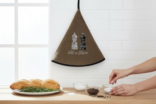 Torchon Essuie Mains Sel et Poivre - Essuie Mains Cuisine Rond avec Attache - Motifs Brodés - 100% Coton - Ø 65 cm de diamètre - Lavable en Machine (Taupe,...