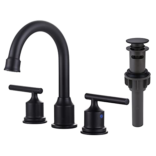 WOWOW 2 Handle Bathroom Faucet Matte Black Bathroom Sink Faucet Widespread Faucet with Pop Up Drain Brass Bathroom Faucet 3 Hole Vanity Faucet 8 Inch Basin Faucet