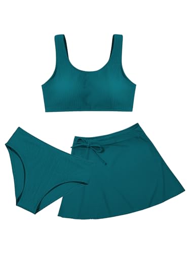 Adarl Girls 2 Piece Swimsuits with Skirts Ribbed Beach Swim Bathing Suits Teen Girls' Swimwear Swimming Bikini Set Green