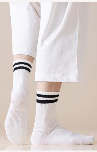 5 Pairs of Men's Striped Mid-Tube Socks, Spring & Autumn Solid Color Breathable Cotton Casual Socks4