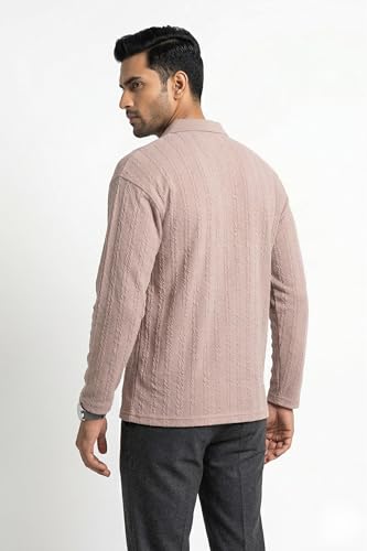 Image of BEAR THREAD Men's Polo T-Shirt | Linear Jacquard Full Sleeve Textured Knit Polo | Smart Casual Collared Stretch Fabric Tee | Stylish Everyday Wear for Men
