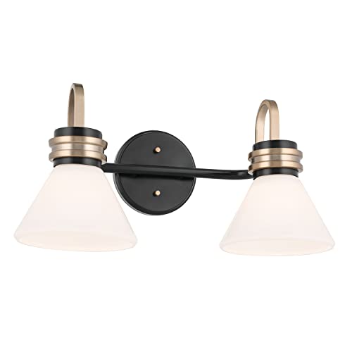 Image of Kichler Farum 2-Light Bathroom Vanity Light Fixture with Opal Glass in Black with Champagne Bronze Accents, Modern Damp Rated for Over Mirror (19.25 inch x 9.5 inch x 9.5 inch), 55154BK
