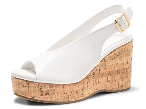 Coutgo Womens Platform Wedge Sandals Open Peep Toe Slingback Cork High Heels Summer Beach Shoes, White, Size 7.5
