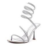 Shoe Land Women’s Rhinestone Dress Heels, Spiral Ankle Wrap Stiletto Sandals, Square Open Toe Crystal Heels for Party, Wedding, Prom, SilverSilver, Size 9.0, Charming2