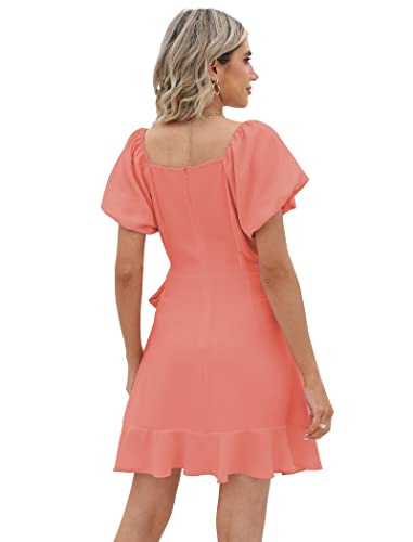 Image of Sampeel Womens Summer Dresses Square Neck Puff Sleeve Tie Waist Short Dress