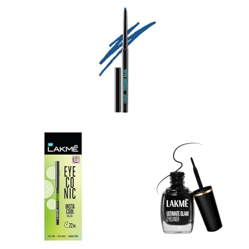 Image of LAKME Eyeconic Pencil, Matte Midnight Blue 0.35G & Eyeconic Insta Cool Pencil, Glossy Kajal|| Black|| 0.35 G & Insta Gel Eye Liner, Black Semi Matte Finish, Water Resistant, Long-Lasting, 9 Ml