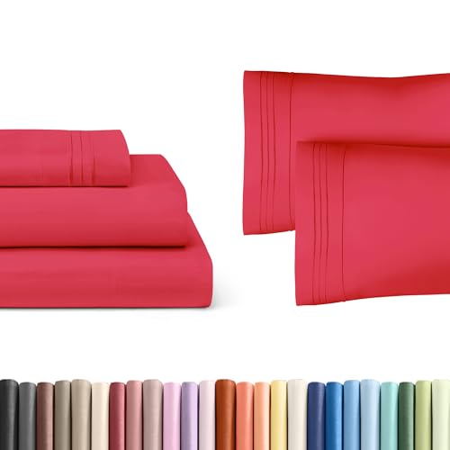 CGK Linens Red 3-Piece Sheet Set & Pillowcase Bedding Bundle (Twin Size) - Complete Twin Sheet Set & 2 Pillowcases with Deep Pockets up to 16 inches - Hotel Luxury Quality - Ultra Soft, Breathable and