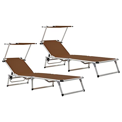 JHQHSM Tumbonas plegables con toldo ajustable y respaldo 2 piezas. Marco de aluminio textileno marrón plegable fácil de transportar jardín playa confort descanso
