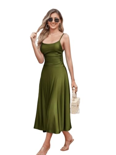 SKAYS Women's 2025 Spaghetti Strap Summer Dress Square Neck Ruched Waist Flowy Sleeveless Midi A Line Dress