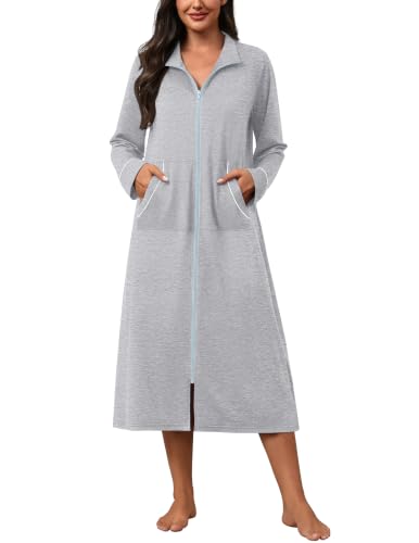Image of Ekouaer Zipper Robes for Women Long Sleeve Lightweight House Coats with Pockets Zip Up Bathrobe Loungewear S-3XL