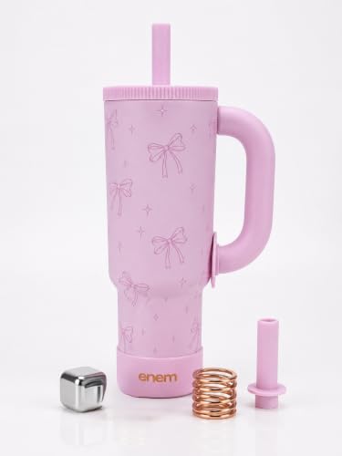 Image of enem Bow Blush Plugged Straw Tumbler with Handle, Stainless Steel Large Travel Mug Water Cup, Mug Travel with 1 Metal Ice Cube, 1 Copper Spring (Tamba) & Base Protector, 1.2L