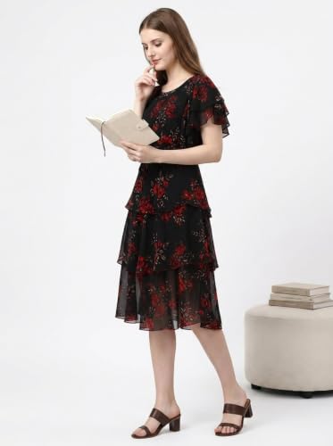 Image of Women Layered Georgette Fit & Flare Midi Dress | Round Neck Flutter Sleeve Knee Length Dress | Tiered Party Dress for Women Evening and Casual Styling