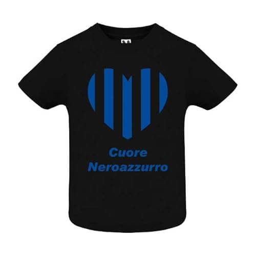 T-shirt in cotone adatto a tifosi di calcio con cuore neroazzurro per neonati, bambini ed adulti (Neonato, Nero, 6 mesi)