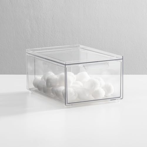 mDesign Plastic Bathroom Organizer Bin w/Pull Out Drawer - Slim Stackable Storage Container for Bathroom Accessories - Perfect for Organizing Bathroom Cabinet - Lumiere Collection - 4 Pack - Clear